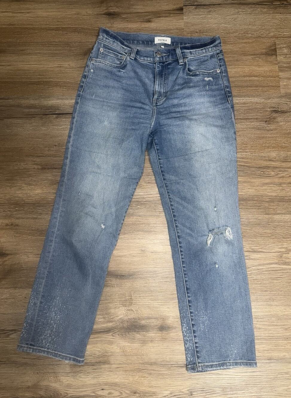 PISTOLA Jeans Womens 27 Medium Wash Straight Leg Distressed Bleach Splatter